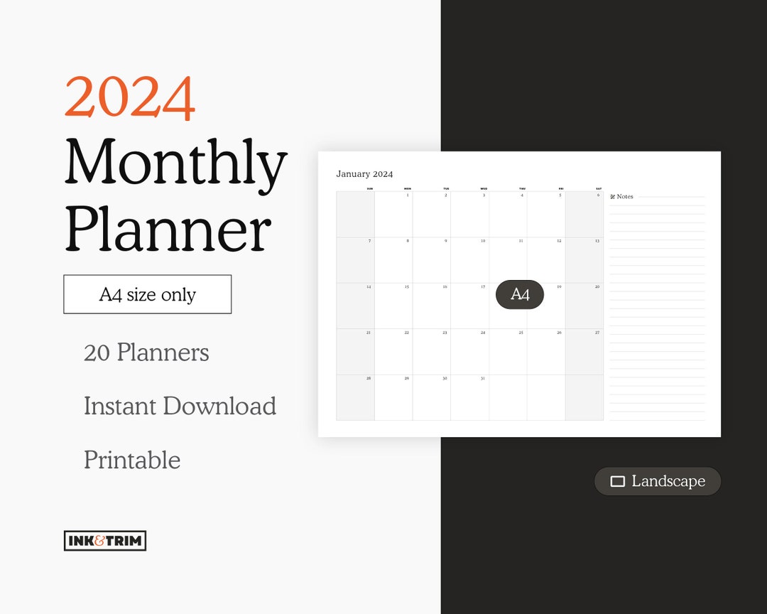 2024 Monthly Planner A4 Size Landscape, 12 Month Calendar, Instant