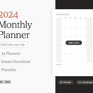 Planificador Mensual 2024 Tamaño Media Letra, Calendario de 12 Meses, Descarga Instantánea, Imprimible, PDF