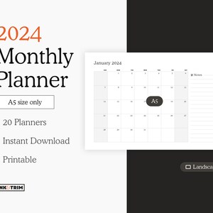 2024 Monthly Planner A5 Size Landscape, 12 Month Calendar, Instant Download, Printable, PDF