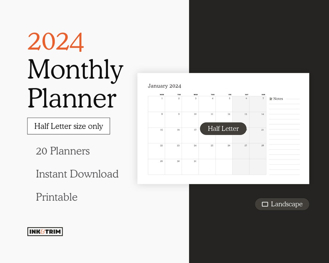 2024 Monthly Planner Half Letter Size Landscape, 12 Month Calendar ...