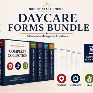 Könnte beinhalten: Ein digitales Kita-Formularpaket von Bright Start Studio mit fünf Bänden für Managementsysteme. Das Set enthält bearbeitbare DOCX- und PDF-Dateien mit Vorlagen für Tagesprotokolle, Medikamentenlisten, Vorfallberichte und Anwesenheitslisten.