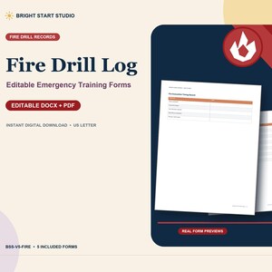 May include: A digital Fire Drill Log template featuring editable emergency training forms. The document includes text labels such as Fire Drill Records, Editable DOCX + PDF, and US Letter. The design displays a white paper preview with a flame icon.
