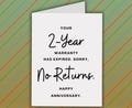 Funny 2nd Anniversary Card, No Returns, Two Year Warranty Expired