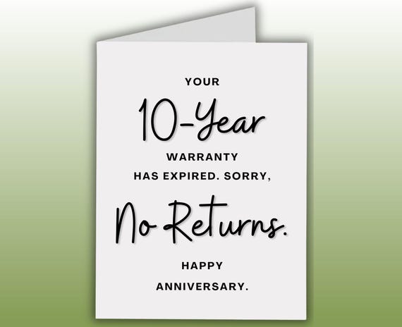 Funny 10th Anniversary Card, No Returns, Card For 10 Years Together, Warranty Expired