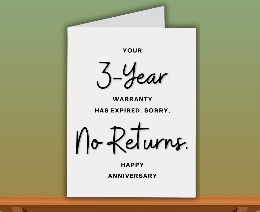 Funny 3rd Anniversary Card, No Returns for 3 Years Together Card
