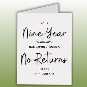 Funny 9th Anniversary Card, No Returns, Nine Years Together, Card For Him or Her
