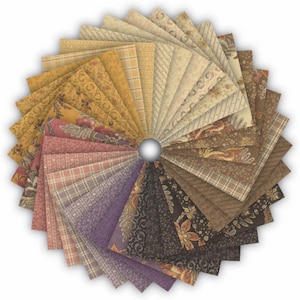 May include: A fan of fabric swatches in a variety of patterns and colours, including floral, plaid, and solid designs. The colour palette ranges from warm yellows and oranges to muted browns and purples. A silver ball is in the centre.