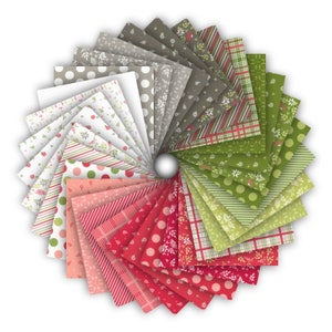 May include: A collection of 42 fabric squares in various patterns and colours, including red, green, white, and grey. The squares are arranged in a circle, with the patterns facing outwards.