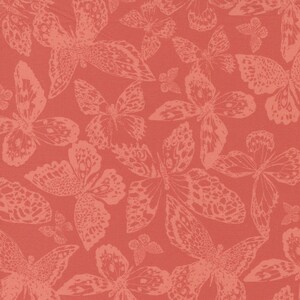 May include: A red fabric with a repeating pattern of white butterflies. The butterflies are stylised and have a delicate, intricate design.