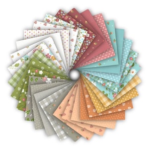 May include: A collection of 24 fabric squares featuring a variety of floral patterns in shades of green, blue, pink, orange, and yellow. The squares are arranged in a circle, with the edges of each square overlapping.