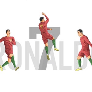 Könnte beinhalten: Eine digitale Illustration von Cristiano Ronaldo in drei verschiedenen Posen, der eine rot-grüne Fußballuniform mit der Nummer 7 auf der Vorderseite trägt. Das Wort "RONALDO" ist in großen grauen Buchstaben hinter ihm geschrieben.