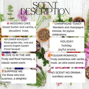 May include: A collage of images with text describing different scents. The scents are: Wedding Cake, Flower Bouquet, Love is in the Air, Surprise Me, Champagne Toast, Holiday, Sugar Romance, and No Scent No Drama.