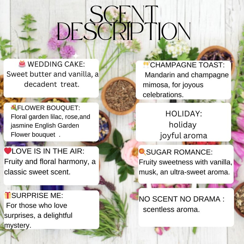 May include: A collage of images with text describing different scents. The scents are: Wedding Cake, Flower Bouquet, Love is in the Air, Surprise Me, Champagne Toast, Holiday, Sugar Romance, and No Scent No Drama.