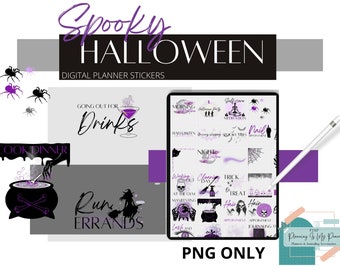 Fioletowe naklejki do cyfrowego planera Halloween: zestaw PNG (kompatybilny z Androidem)