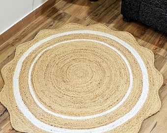 Round Jute Rug, Boho Scalloped Edge Mat | Natural Fiber, Hand-Braided Eco-Friendly Accent - Custom Sizes, Living Room, Nursery