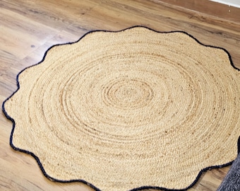 Tapis rond en jute festonné fait main : tapis tressé bohème