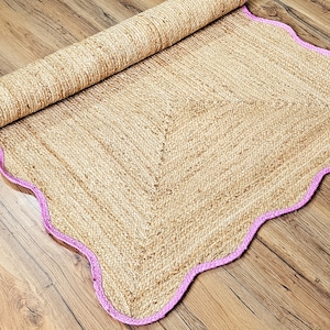 Handwoven Scalloped Jute Rug: Bohemian Pink Edge, Custom Size