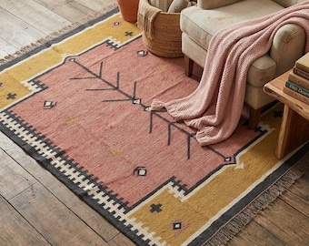 Alfombra Kilim de yute de lana hecha a mano 8x10, alfombra de área Navajo Kilim, alfombra Boho, alfombra al aire libre alfombra india tradicional patio al aire libre Kilim Dhurrie Rug