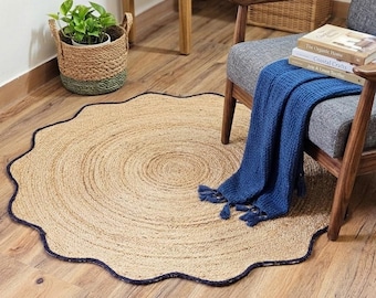 Tapis rond fait main en jute, tapis bohème tressé, tapis rouille bleu beige naturel, décoration de salon et chambre à coucher, tapis de sol tissé