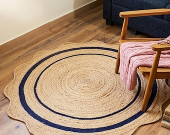 Tapis rond festonné en jute : tapis bohème tissé à la main, dimension personnalisée