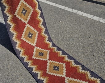 Handwoven Wool Kilim Runner Rug: Traditional Southwestern Design