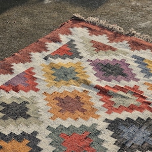 Handwoven Wool Kilim Rug: Vintage Southwestern Design Navajo Large Decor Carpet