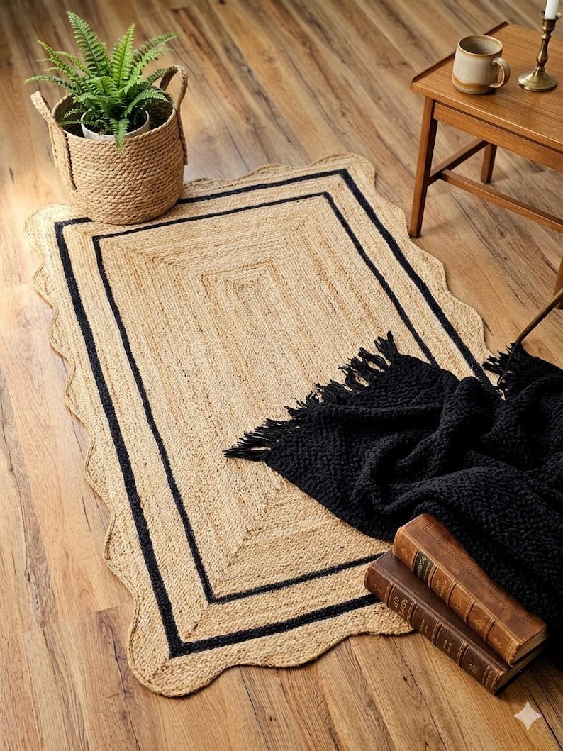 May include: A rectangular jute rug with a scalloped edge and a black border. A black throw blanket with fringe, a woven basket with a plant, and two vintage books are on the wooden floor. A small wooden table with a mug is in the background.