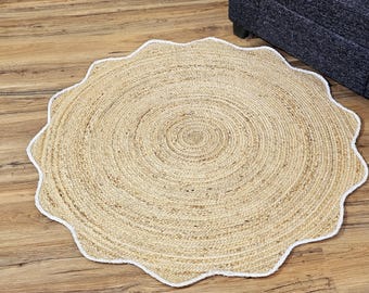 Tapis rond festonné en jute : tapis bohème tissé à la main, dimension personnalisée