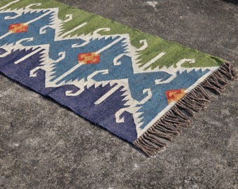 Runner Rug, Handwoven Kilim, Navajo-Inspired Flatweave - 100% Wool, Bohemian Vintage Accent For Hallway, Stair, Entryway