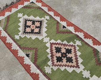 Runner Rug, Handwoven Kilim, Wool Jute Blend, Stair Hallway Entry, Navajo Southwestern Design, Vintage Bohemian Accent, Custom Sizes