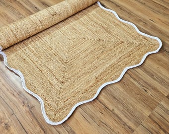 Handwoven Scalloped Jute Rug: Customizable Boho Decor