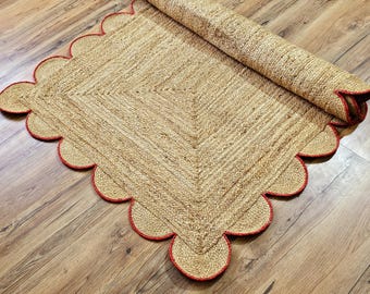 Scalloped Jute Rug, Area Jute Rug, Boho Decor Square Scallop Rug, Home Décor Rug Custom Size Rug