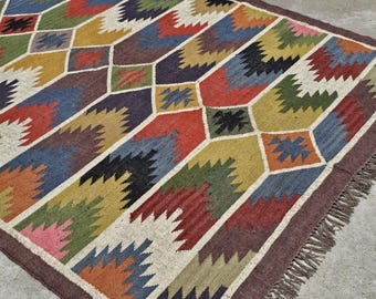 Alfombra Navajo Kilim tejida a mano, alfombra Kilim de decoración hecha a mano, alfombra al aire libre/alfombras interiores para sala de estar, alfombra Kilim de yute de lana india DhurrieRug