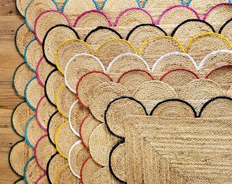 Rectangle Scalloped Jute Rug, Area Jute Rug, pink Scalloped Edge Rug, Custom Jute Scallop Rug, Hand braided Scallop Rug, Jute Rug