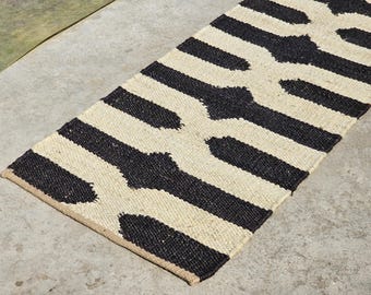 Jute Runner, Black White Striped Boho Rug | Hemp Natural Fibers - Handwoven, Large Custom Sizes, Hallway, Entryway, Eco Friendly