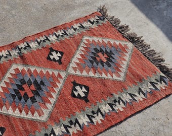 Runner Rug, Bohemian Kilim | Wool Handwoven, Hallway Accent, Navajo-Inspired, Vintage Flatweave, Custom Size, Earthy Palette, Southwestern