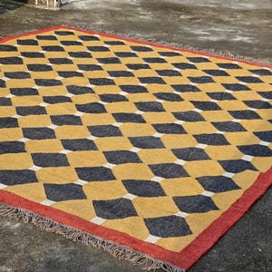 Indian Bohemian Rug, Kilim  Rug, Handmade Vintage Rug, Navajo Geometric Pattern Jute Rug - Handwoven Rug for Living Room / Bedroom Rug