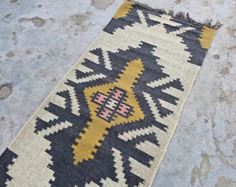 Handwoven Wool Kilim Runner Rug, Southwestern Design