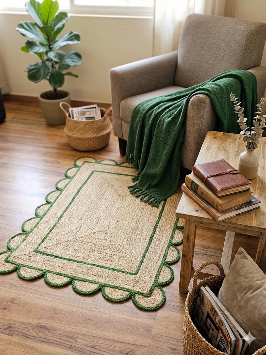 Heart Green Jute Rug Natural Green Jute Rug Scalloped Bohemian Rug Boho Décor Rug Area Jute ...