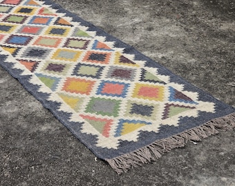 May include: A rectangular runner rug with a geometric diamond pattern in various colors, including blue, yellow, green, and red. The rug has a dark blue border and fringe on the ends. The rug is made of woven material.