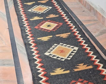 Runner Rug, Handmade Kilim Navajo-Inspired Hallway Stair, Wool Flatweave, Bohemian Vintage Accent, Handwoven Traditional Design