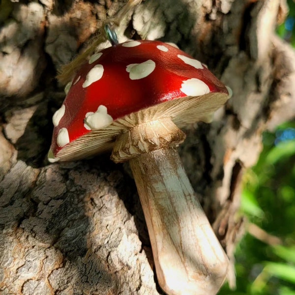 Handcarved painted wooden mushroom (Fly Agaric) ornament