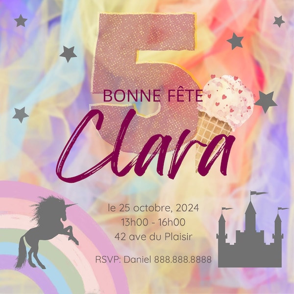 Invitation anniversaire, fête, crème glacée, licorne, château, princesse, rose, mauve,violet, arc-en-ciel, enfant,garçon, fille, personalisé