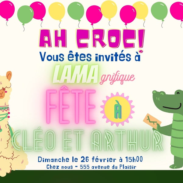 Invitation anniversaire, fête, birthday, crocodile, lama, llama, enfant, kids, fille, garçon, neutre de genre, digital, personnalisé