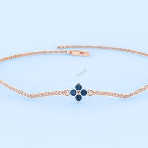 blue sapphire diamond bracelet with thin gold/silver chain, minimal charm bracelet, floral gold bracelet, anniversary/birthday gift for wife