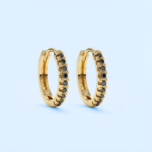 Black diamond huggies, solid gold mini hoops, small black diamond gold huggie earrings, small hoop earrings, anniversary gift, birthday gift