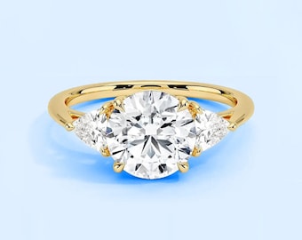 Moissanite Round Cut Three Stone Ring, Trillion Cut Diamond, Sterling Silver