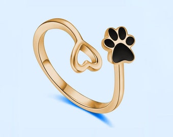 Dog paw print enamel ring, unisex ring, gold paw print ring, animal wrap open ring, paw marks ring for dog lover, heart paw ring,silver ring