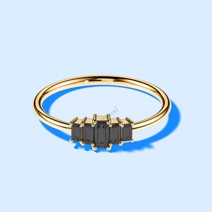 baguette cut diamond engagement ring for women, black diamond ring, 5 stone anniversary ring gift, wedding ring, love ring, solid gold ring.