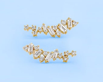 Baguette and Round diamond Cluster Ear Climber, stud minimal earrings, vintage earrings, christmas gift for her, wedding anniversary gift.
